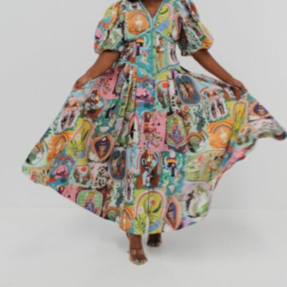 Green Art Puff Sleeve Corset Linen Abstract Floral A- Line Midi Dress XL - Picture 5 of 16